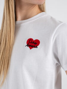 SUPERCULTURE T-shirt da donna in cotone con ricamo lato cuore CIAO AMORE Bianca (1)