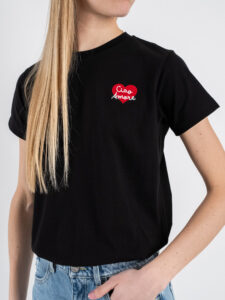 SUPERCULTURE T-shirt da donna in cotone con ricamo lato cuore CIAO AMORE Nera (3)