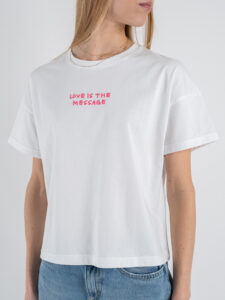 SUPERCULTURE T-shirt da donna in cotone con stampa e ricamo LOVE IS THE MESSAGE boxy fit Bianca (3)