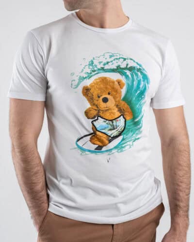V2 T shirt basica con stampa surf orsacchiotto TUBITED18 Bianca 1 Nuovi Arrivi
