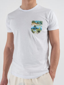 V2 T-shirt basica con taschino palma tropicale TUBI18 Bianca (4)