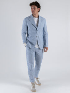 BERNA Abito in misto lino a righe sottili con Giacca 2 bottoni + Pantalone chinos 251115 Azzurro (3)