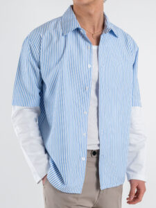Camicia a righe con manica a contrasto bianca 7772 Azzurra (3)