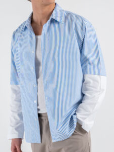 Camicia a righe con manica a contrasto bianca 7772 Azzurra (4)