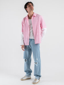 Camicia a righe con manica a contrasto bianca 7772 Rosa (5)