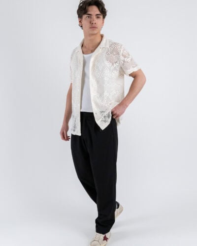 Camicia con collo a V mezza manica in fantasia traforata P2728 Beige 2 Nuovi Arrivi
