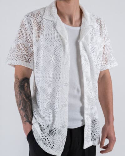 Camicia con collo a V mezza manica in fantasia traforata P2728 Bianco 4 Nuovi Arrivi
