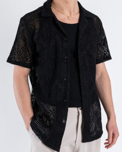 Camicia con collo a V mezza manica in fantasia traforata P2728 Nero 3 Nuovi Arrivi