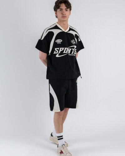 Coordinato corto con t shirt over stampa bermuda con coulisse XT2046 Nero 3 Nuovi Arrivi