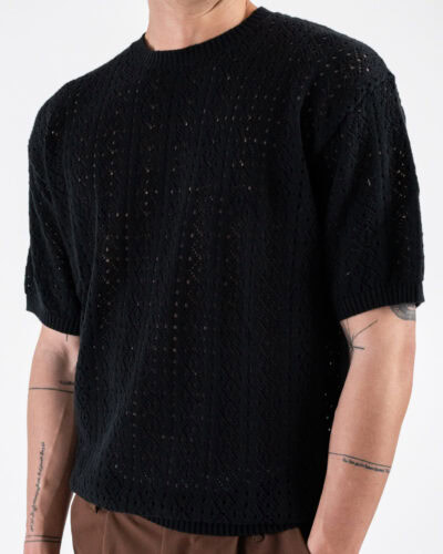 GIANNI LUPO T shirt in maglia traforata a mezza manica GL35211 Black 2 Nuovi Arrivi
