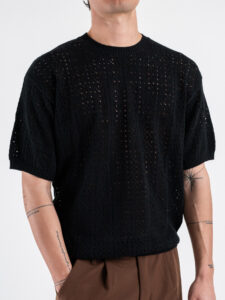 GIANNI LUPO T-shirt in maglia traforata a mezza manica GL35211 Black (5)