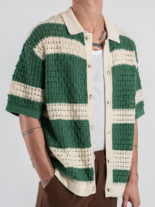 Camicia mezza manica in maglia traforata W85891 CremaVerde (3)
