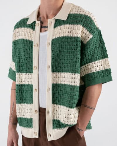 Camicia mezza manica in maglia traforata W85891 CremaVerde 5 Home