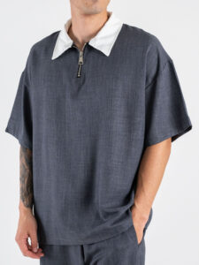 Coordinato con camicia a MM con colletto bianco + pantalone baggy fit FIA Piombo (3)