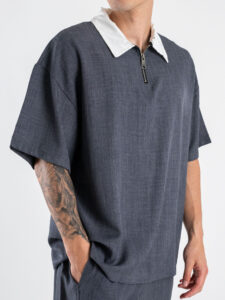 Coordinato con camicia a MM con colletto bianco + pantalone baggy fit FIA Piombo (5)