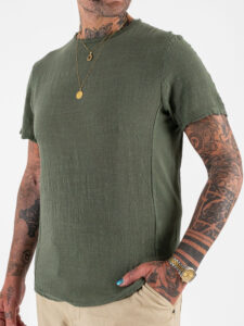 IMPERIAL T-shirt effetto lino con collo a taglio vivo T84063008 Army (5)