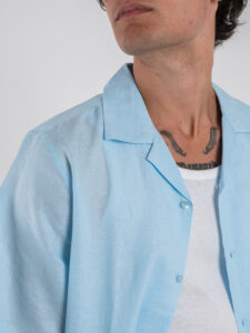 OVER-D Camicia a mezza manica in lino con collo bowling OC1S2S5C28 Polvere (1)