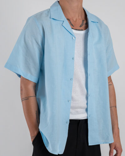 OVER D Camicia a mezza manica in lino con collo bowling OC1S2S5C28 Polvere 3 Nuovi Arrivi