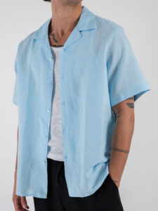 OVER-D Camicia a mezza manica in lino con collo bowling OC1S2S5C28 Polvere (4)