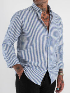 OVER-D Camicia a righe larghe in misto lino con collo alla francese OC1S2S5C11 Blu (5)