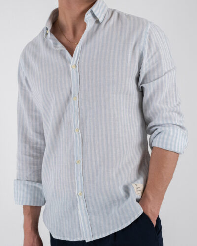 OVER D Camicia a righe larghe in misto lino con collo alla francese OC1S2S5C11 Polvere 5 Nuovi Arrivi