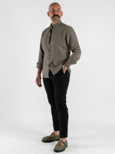 OVER-D Camicia in lino con collo coreana OC1S2S5C25 Militare (2)