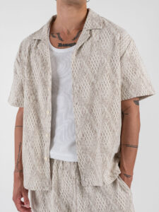 Coordinato Bermuda con coulisse in fantasia + Camicia mezze maniche AZ512 Beige (4)