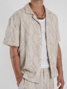 Coordinato Bermuda con coulisse in fantasia + Camicia mezze maniche AZ512 Beige (5)