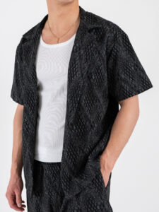 Coordinato Bermuda con coulisse in fantasia + Camicia mezze maniche AZ512 Nero (3)