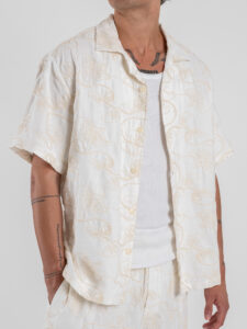 Coordinato Bermuda con ricami e coulisse in vita + Camicia mezze maniche ricamata AZ516 Beige (1)