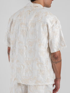Coordinato Bermuda con ricami e coulisse in vita + Camicia mezze maniche ricamata AZ516 Beige (2)