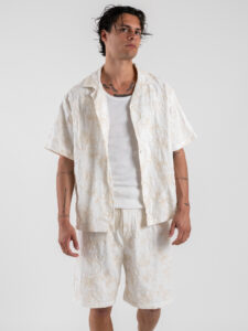 Coordinato Bermuda con ricami e coulisse in vita + Camicia mezze maniche ricamata AZ516 Beige (5)
