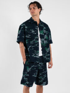 Coordinato Bermuda in jeans con cuciture colorate e coulisse + Camicia mezze maniche L815113 Navy (1)