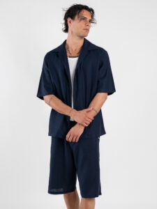 Coordinato corto in misto lino con camicia mm + bermuda con coulisse 7778 Blu (2)