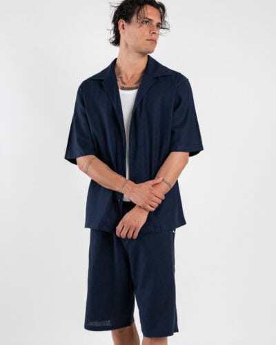 Coordinato corto in misto lino con camicia mm bermuda con coulisse 7778 Blu 2 Home