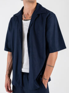 Coordinato corto in misto lino con camicia mm + bermuda con coulisse 7778 Blu (3)