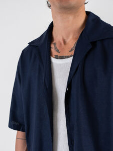 Coordinato corto in misto lino con camicia mm + bermuda con coulisse 7778 Blu (4)