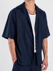 Coordinato corto in misto lino con camicia mm + bermuda con coulisse 7778 Blu (5)