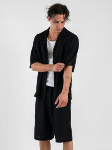 Coordinato corto in misto lino con camicia mm + bermuda con coulisse 7778 Nero (2)