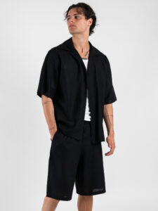Coordinato corto in misto lino con camicia mm + bermuda con coulisse 7778 Nero (3)