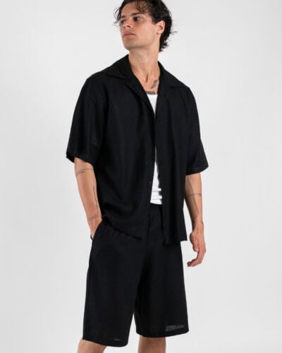 Coordinato corto in misto lino con camicia mm bermuda con coulisse 7778 Nero 3 Home