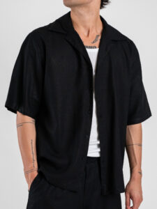 Coordinato corto in misto lino con camicia mm + bermuda con coulisse 7778 Nero (4)
