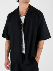 Coordinato corto in misto lino con camicia mm + bermuda con coulisse 7778 Nero (5)