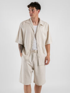Coordinato regular corto in misto lino con camicia mm + bermuda con coulisse 7778 Beige (2)