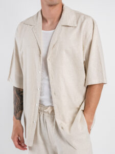 Coordinato regular corto in misto lino con camicia mm + bermuda con coulisse 7778 Beige (3)