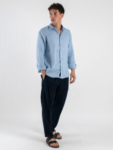 ESTASI Pantalaccio slim morbido in lino con coulisse in vita PAPEETE Blu (2)