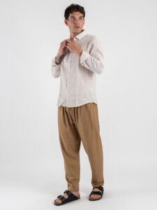 ESTASI Pantalaccio slim morbido in lino con coulisse in vita PAPEETE Fango (3)