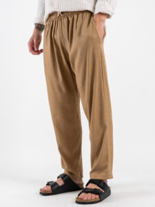 ESTASI Pantalaccio slim morbido in lino con coulisse in vita PAPEETE Fango (4)