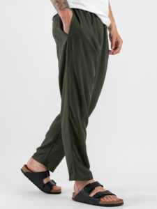ESTASI Pantalaccio slim morbido in lino con coulisse in vita PAPEETE Militare (6)