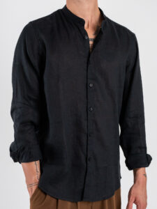 GIANNI LUPO Camicia basica in lino con collo coreana GL7620S Black (1)